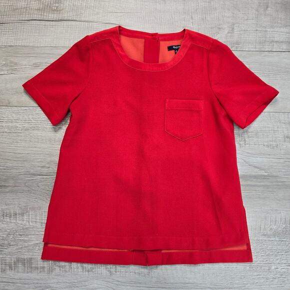 Madewell Red Short Sleeve Button Back Top Womens S Silk Trim High Low Crew Neck - Picture 6 of 8